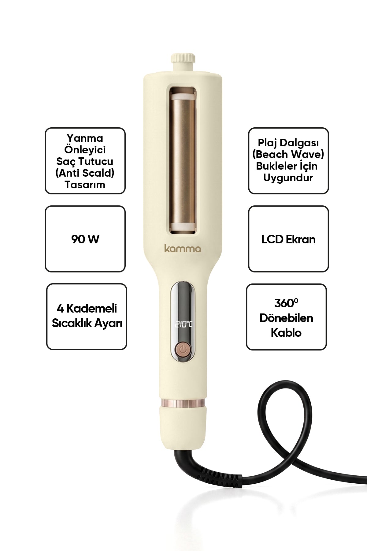 KAMMA Sirena Saç Maşası / Krem - 4 Farklı Çap Ayarlı Çift Voltajlı