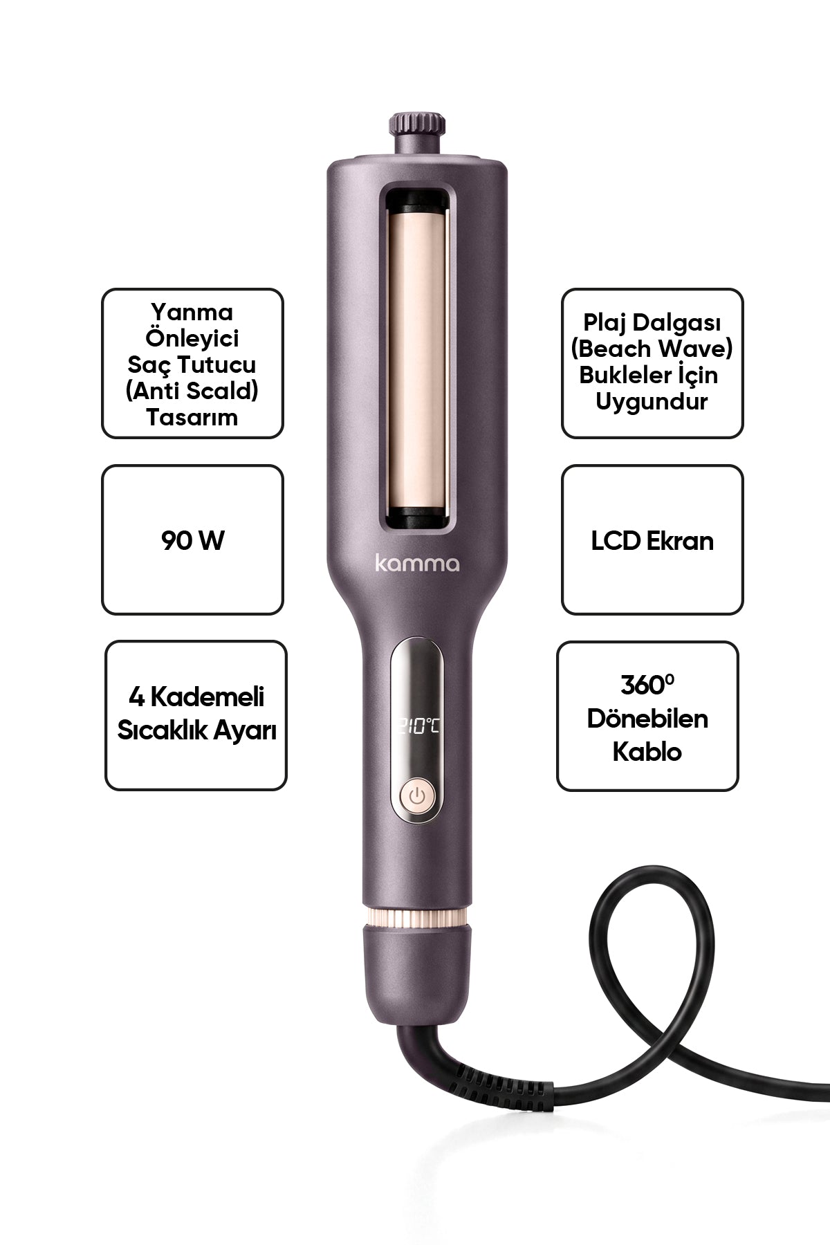 KAMMA Sirena Saç Maşası / Mor - 4 Farklı Çap Ayarlı Çift Voltajlı